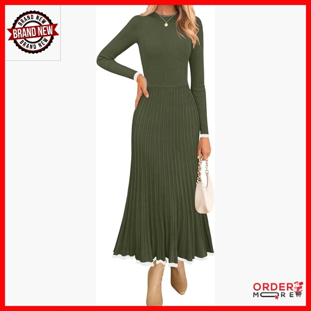 Long Sleeve Ribbed Knit Sweater Dress Maxi A-Line Wedding Guest
